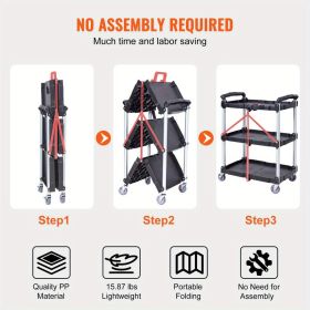 3 - Tier Foldable Cart with Locking Wheels - 165 LBS Capacity, Black. Versatile Utility Cart for Home/Office/Warehouse