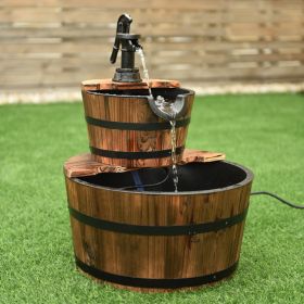 2-Tiers Outdoor Wooden Barrel Waterfall Fountain with Pump (Color: Brown)
